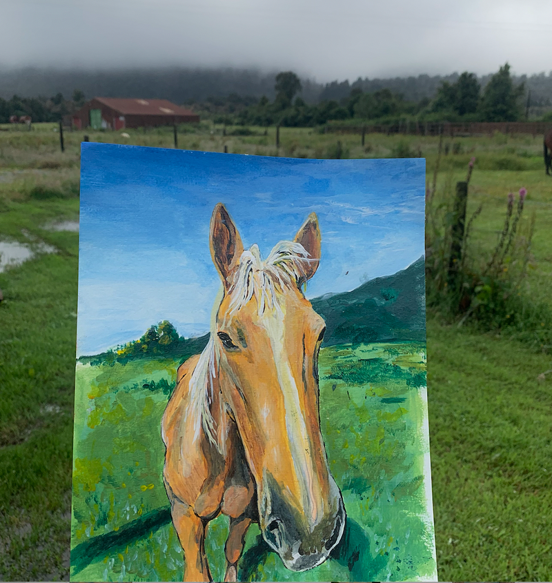Painting of a horse in a field with mountains in the background