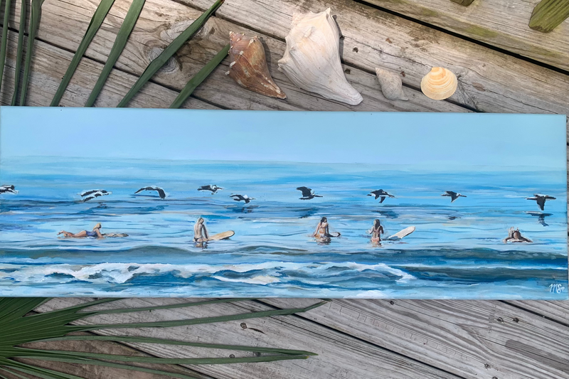 Custom Art Painting of women in the ocean with pelicans and surfboards.