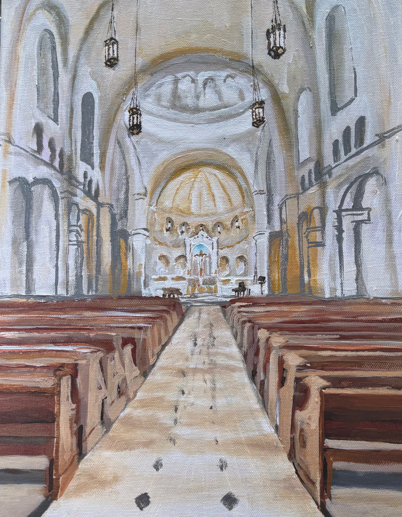 Custom Painting of the Raleigh cathedral church interior with pews and a central altar.